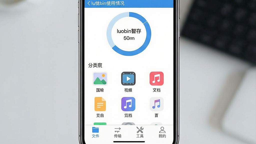 һ���ֻ�Ӧ�ý�ͼ��չʾ��luobin�Ǵ桱�������棬������ˬ��������ɫ��������ʾ�洢�ռ�ʹ������Ļ���ͼ���м��Ƿ���������ļ�ͼ�꣬����ͼƬ����Ƶ���ĵ������ֵȣ��ײ��С��ļ����������䡱�������ߡ������ҵġ��ĸ�ѡ��������Ű����ִ�������ƽ����ϸ�ھ��£����ʸɾ��޶���Ԫ�ء�