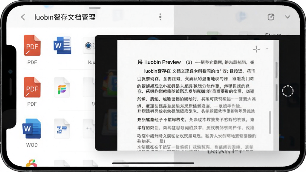 һ���ֻ�Ӧ�ý�ͼ��չʾ��luobin�Ǵ桱���ĵ��������棬�б�����ʾ���PDF��Word�ļ�ͼ�꣬���һ���ļ��󵯳�Ԥ�����ڣ���������ʾ�������ݣ�����Ϊǳɫ����������������࣬���ʸɾ��޶���Ԫ�ء�