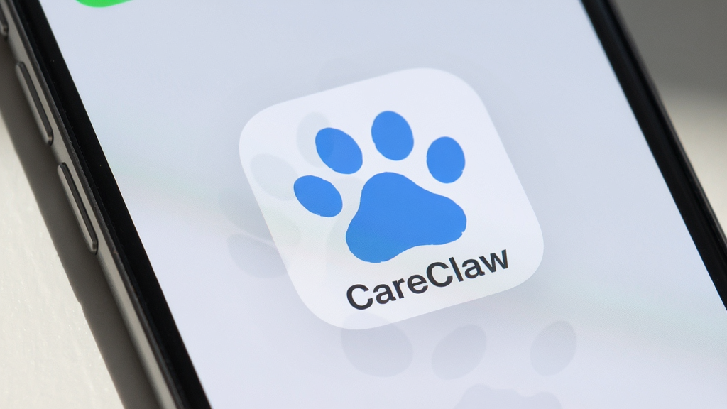 һ���ִ������ֻ���Ļ����д����Ļ��������ʾ��CareClaw����Appͼ�꣬ͼ�����Ϊ������ɫצӡ��񣬱����Ǹɾ���ǳ��ɫ���䣬�ֻ��෽����͵���Ȼ��ͶӰ��������Ϊ��ƽ����ƣ�ϸ��Բ�󣬻��ʸɾ��޶���Ԫ�ء�