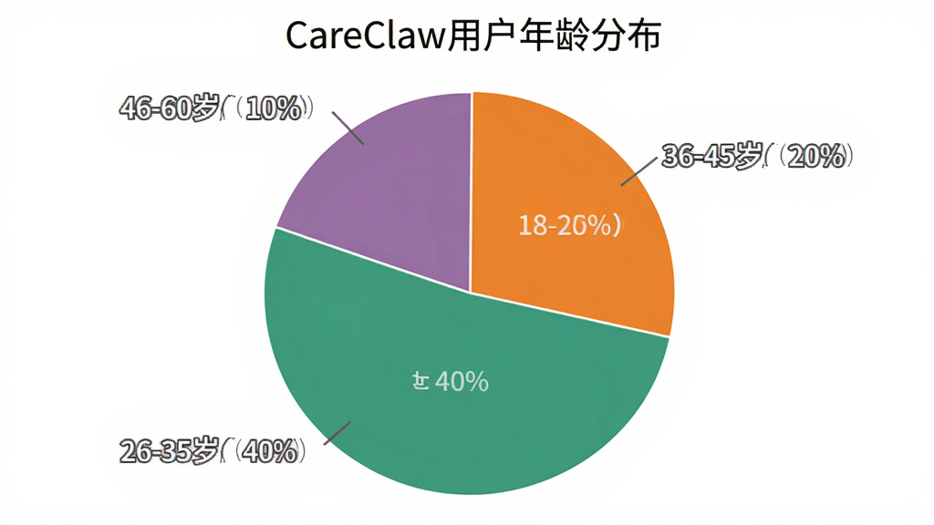 һ����״ͼ��ͼ������Ϊ��CareClaw�û�����ֲ�������״ͼ��Ϊ�Ŀ飬�ֱ��ע��18-25�꣨30%��������26-35�꣨40%��������36-45�꣨20%��������46-60�꣨10%������ÿ��ɫ����ɫ��ͬ������Ϊ��ɫ��������Ϊ�������ݿ��ӻ���񣬻��ʸɾ��޶���Ԫ�ء�