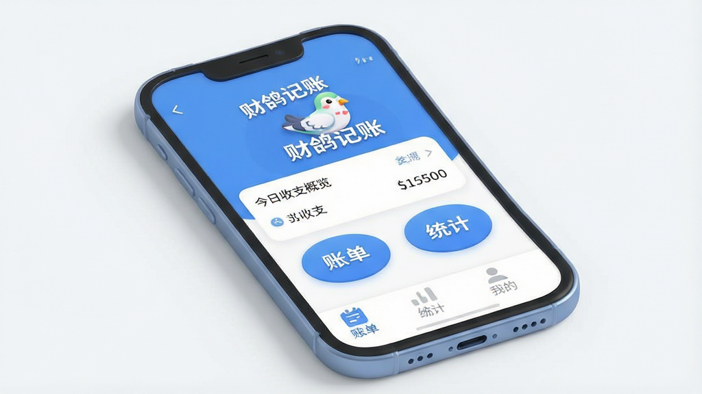 一张展示财鸽记账应用全貌的3D渲染图,主体是一个手机屏幕,屏幕内显示财鸽记账的主界面,界面设计简洁现代,以蓝白为主色调,顶部显示“财鸽记账”字样和一只可爱的小鸽子图标,中间是今日收支概览和几个圆润的功能按钮,底部是“账单”、“统计”、“我的”三个选项卡,整体布局清晰,风格扁平化,细节精致,画质干净无多余元素。
