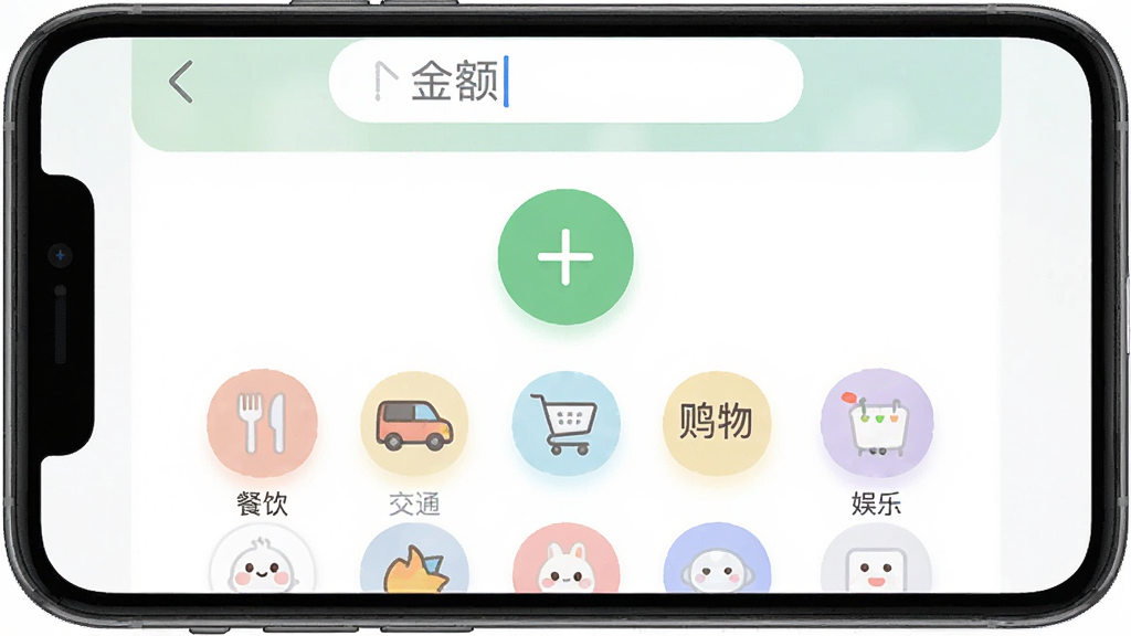 一张手机截图风格图片,展示财鸽记账的记账输入界面,画面中央是醒目的“+”按钮,下方是分类图标列表,包括餐饮、交通、购物、娱乐等,每个图标都圆润可爱,色彩柔和,上方显示金额输入框,整体布局简洁,风格清新,画质干净无多余元素。