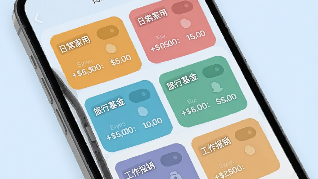 一张展示财鸽记账多账本管理功能的界面图,手机屏幕上显示多个账本卡片,如“日常家用”、“旅行基金”、“工作报销”,每个卡片用不同颜色区分,卡片上有账本名称和当前余额,背景是淡蓝色,风格扁平化,细节圆润,画质干净无多余元素。