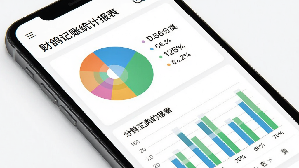 一张展示财鸽记账统计报表功能的界面图,手机屏幕上显示彩色饼状图和柱状图,图表旁有分类标签和百分比数据,背景为白色,图表色彩鲜艳,设计简约,风格现代,画质干净无多余元素。
