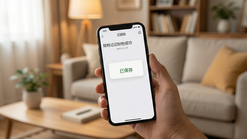 一张展示财鸽记账使用场景的图片,画面中一只手拿着手机,屏幕上显示记账成功后的界面,有一个“已保存”的提示框,背景是温馨的客厅,光线柔和,风格真实自然,画质干净无多余元素。