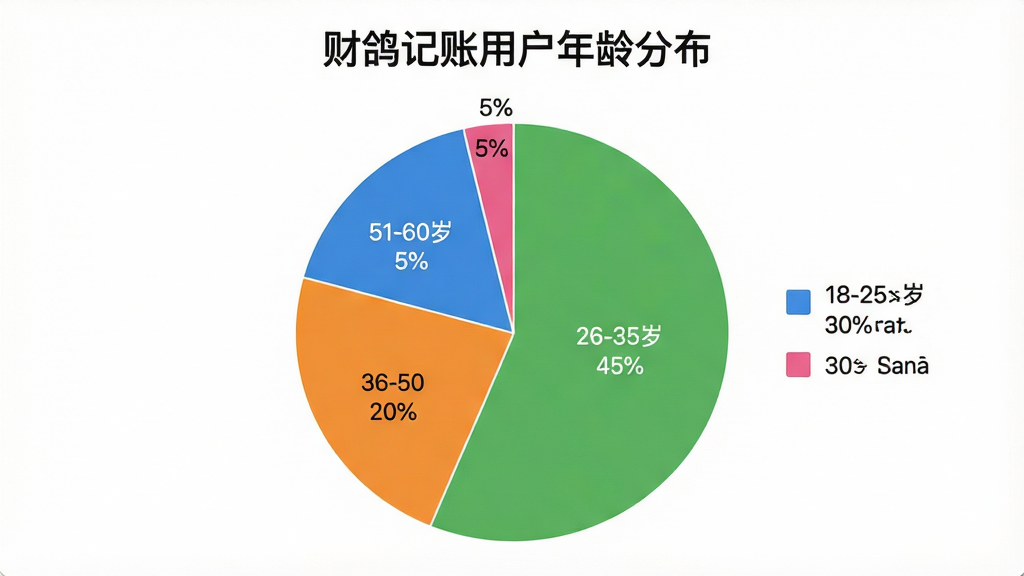 一张用户满意度饼状图,图表标题为“财鸽记账用户年龄分布”,分为四段,分别显示18-25岁占30%,26-35岁占45%,36-50岁占20%,51-60岁占5%,颜色分别为蓝色、绿色、橙色、粉色,图例清晰,风格简约,画质干净无多余元素。
