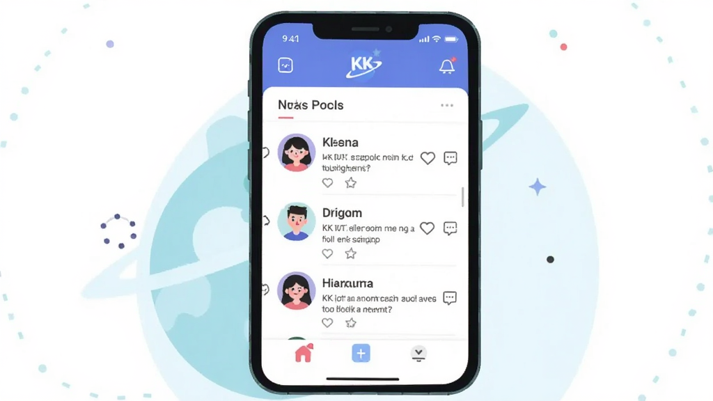 һ���ִ���ƽ�����Ĳ廭���������ֻ���Ļ��չʾ�ġ�KK�����罻App�����棬��������չʾ�ײ��������ͺ��Ѷ�̬�б����Ű��࣬������»��ã�ϸ�ڰ������ޡ�����ͼ����û�ͷ�񣬻��ʸɾ��޶���Ԫ�ء�
