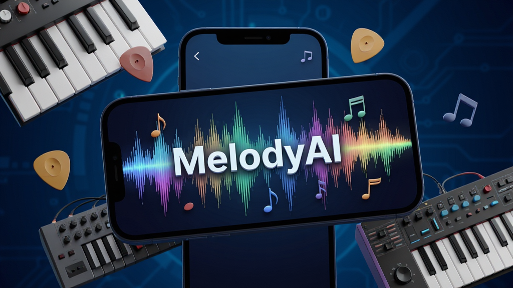 一张展示MelodyAI应用全貌的3D渲染图,主体是手机屏幕内呈现波形与音符结合的炫彩界面,屏幕中央有醒目的“MelodyAI”字样,周围环绕着钢琴键盘、吉他拨片、电子合成器等音乐元素,背景为深蓝色科技感渐变,整体风格现代简约,细节丰富,画质干净无多余元素。