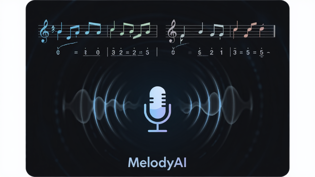 一张展示MelodyAI实时哼唱转谱功能的动态效果图,画面中央是一个麦克风图标,周围有音波扩散,上方显示转换出的五线谱和简谱对照,界面以深色为主,音符用亮色突出,底部有“MelodyAI”字样,整体风格科技感强,画质干净无多余元素。