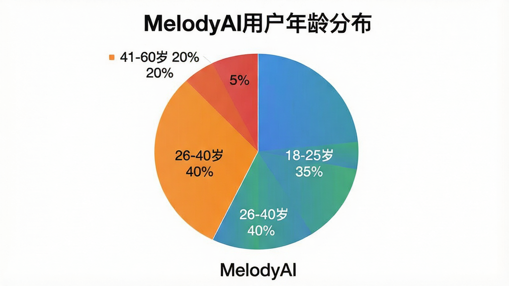 一张展示MelodyAI用户年龄分布饼状图的图片,图表标题为“MelodyAI用户年龄分布”,分为18-25岁占35%,26-40岁占40%,41-60岁占20%,60岁以上占5%四个扇形区域,分别用蓝、绿、橙、红四色表示,图表背景为白色,下方有“MelodyAI”字样,画质干净无多余元素。