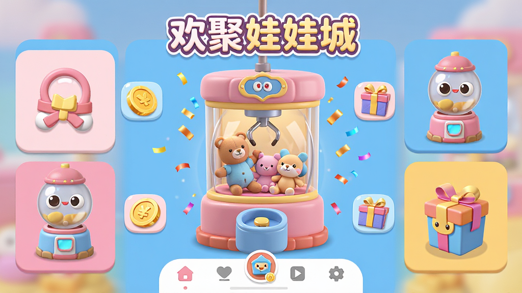 ���壺�������޳��ֻ�Ӧ�������棬չʾץ���޻���Ť������ä�����ȶ������ģ�顣���֣�����Ϊ3D��ͨ�������޻�����Χ���ƿɵ����ͼ�꣬�ײ��е��������Ű棺�����ķ�����ɫ�����죬ͻ�����������޳ǡ�����������ʹ��Բ��ɰ������塣����ִ���ƽ�����΢���ɫ���Է�����ů��Ϊ����ϸ�ڣ����޻�����ë����ߣ������н�Һ�����Ч�����ʣ�������Ⱦ���ɾ��޶���Ԫ�ء�