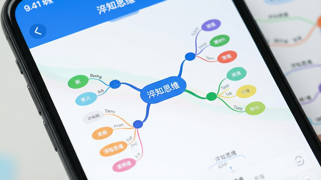 一张手机屏幕特写,屏幕中显示“淬知思维”APP的主界面,界面简洁明亮,中央有一张正在编辑的思维导图,主题节点为“淬知思维”,分支延伸出不同颜色的子节点,整体风格扁平化,以蓝白为主色调,画质干净,无多余元素。