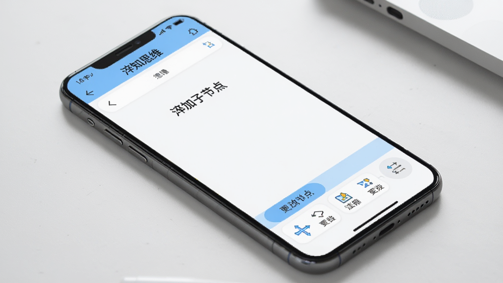 一台智能手机平放在桌面,屏幕显示“淬知思维”的编辑界面,底部工具栏清晰可见,包含添加子节点、插入图标、更改样式等按钮,界面以白色和浅蓝色为主,布局整齐,风格简约,画质高清,无多余元素。
