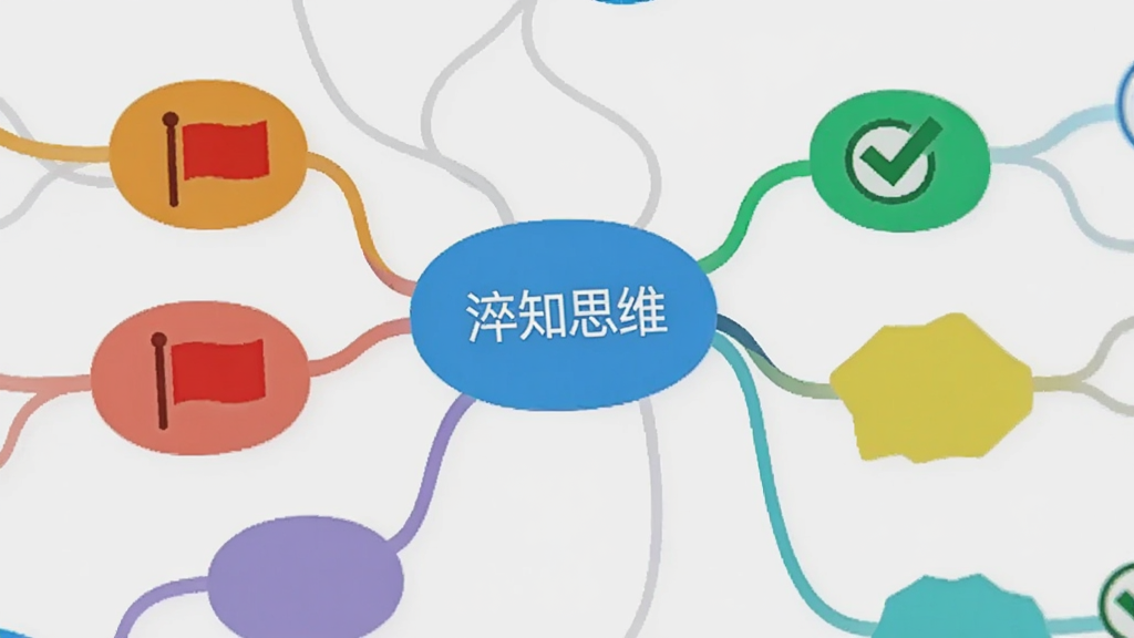 一个思维导图的部分特写,图中展示“淬知思维”中不同颜色和形状的节点,有的节点带有红旗图标,有的节点带有对勾图标,节点之间用平滑的曲线连接,背景为淡灰色,风格现代,画质清晰,无多余元素。
