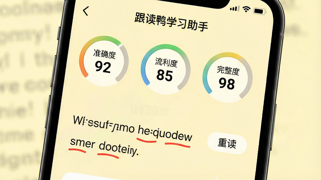 手机屏幕特写,屏幕中显示“跟读鸭学习助手”的跟读结果页面,上方是三个圆形的评分仪表盘,分别标注“准确度 92”、“流利度 85”、“完整度 98”,下方是跟读的英文句子,其中两个单词被红色下划线标出,旁边有“重读”按钮,背景是淡黄色,风格简约,画质干净。
