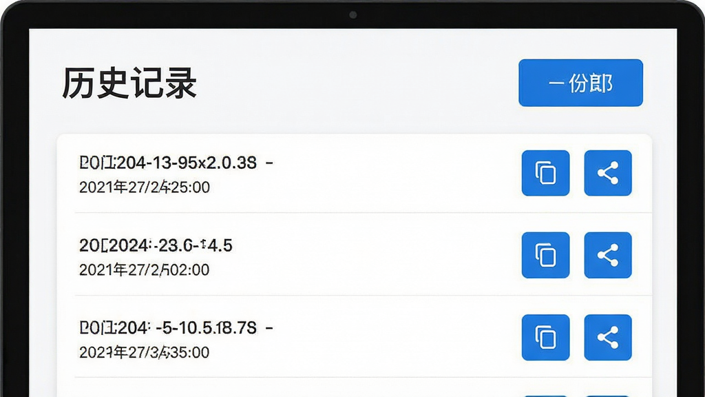 生图提示词:展示“简洁计算机”的历史记录界面,屏幕上方显示“历史记录”标题,下方列出几条带日期和时间的计算式与结果,每条记录右侧有复制和分享小图标,整体界面为白色背景,蓝色高亮按钮,布局清晰,扁平风格,画质干净,无多余元素