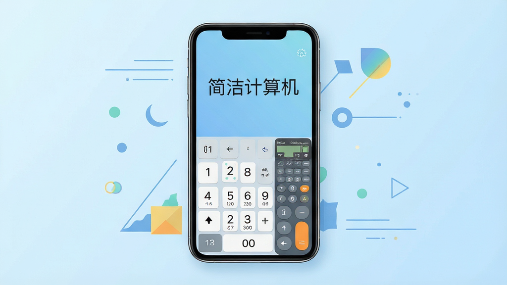 生图提示词:画面中央展示一部智能手机,屏幕显示“简洁计算机”的主界面,包含数字键盘和科学计算功能区,背景为浅蓝色渐变,周围有简洁的线条和几何图形装饰,整体风格扁平化设计,色调清新,细节干净,画质高清,无多余元素