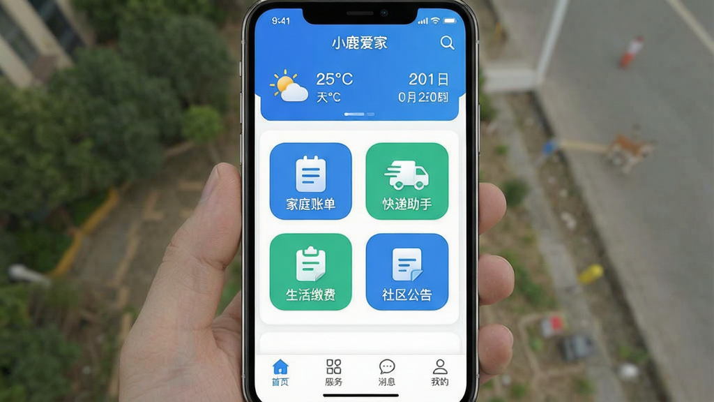 һ��չʾ��С¹���ҡ�APP������ĸ����ͼ�����������ִ���������Ϊ��ɫ����������ʾ���������ڣ��м������š���ͥ�˵�������������֡���������ɷѡ������������桱��Բ�ǹ���ͼ�꣬�ײ����С���ҳ���������񡱡�����Ϣ�������ҵġ��ĸ�ѡ������岼��������ɫ�����������ʸɾ��޶���Ԫ�ء�