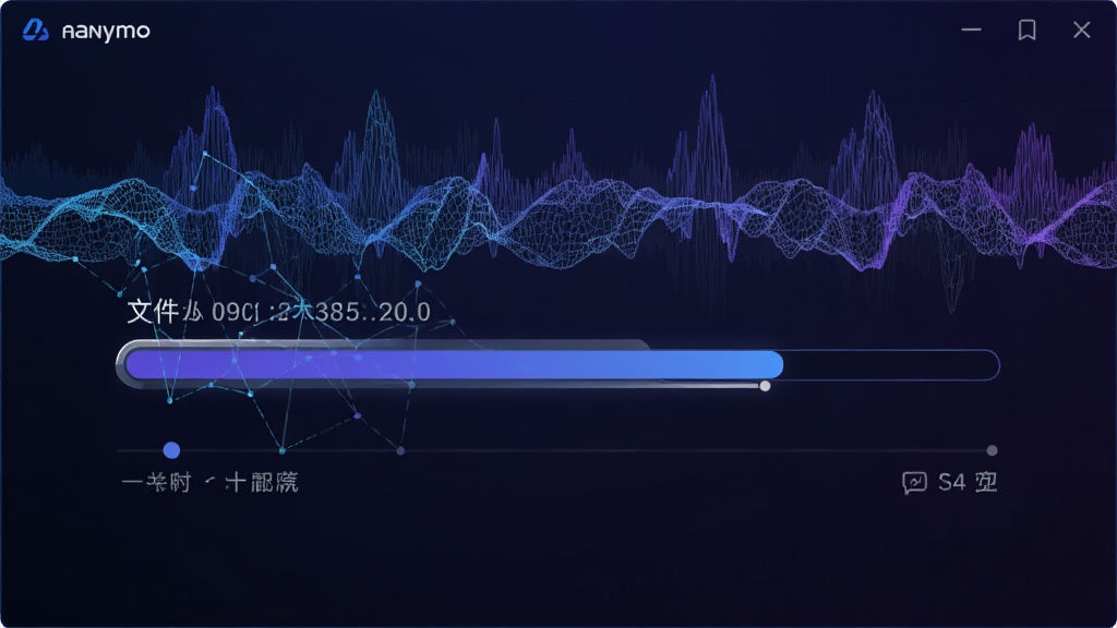 Anymo传输大文件时的速度测试界面,显示高速传输进度条和文件大小,背景有网络波形图,风格科技感,蓝紫色调,画质清晰,无多余元素