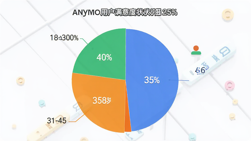 Anymo用户满意度饼状图,展示18-30岁占40%,31-45岁占35%,46-60岁占25%,配色鲜艳,图表清晰,风格扁平,画质干净