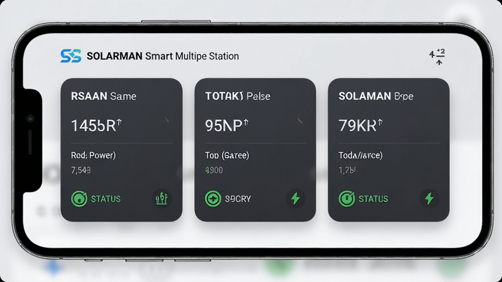 һ��չʾSOLARMAN Smart���վ�������ܵĽ�ͼ���������ֻ���Ļ��������ʾ������ͬ��վ�Ŀ�Ƭ��ÿ�ſ�Ƭ���е�վ���ơ�ʵʱ���ʡ����շ�������״̬ͼ�꣬����Ϊǳ��ɫ����Ƭ��Բ����Ӱ���������룬����Լ���������ʸɾ��޶���Ԫ��