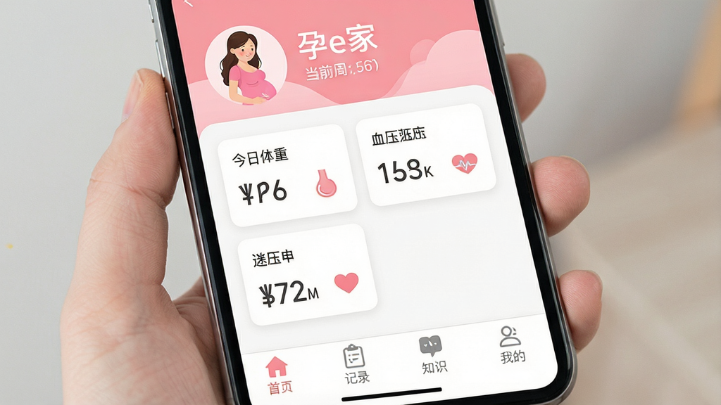 一张展示孕e家App主界面的高清手机截图,界面以柔和的粉色和白色为主,顶部显示孕妈妈的头像和当前孕周,中间是今日体重、血压、胎心等数据卡片,底部为首页、记录、知识、我的四个选项卡,整体风格简洁温馨,画质干净无多余元素,突出“孕e家”软件名称,文字清晰可读。