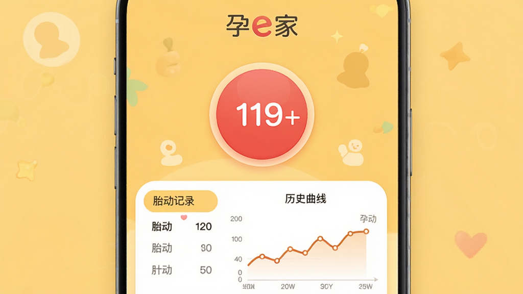 孕e家App的胎动记录界面,显示一个红色的圆形计数按钮,点击后数字增加,下方有胎动次数统计表和折线图,背景为暖黄色,界面有“胎动记录”和“历史曲线”标签,整体风格简洁友好,画质干净,突出“孕e家”品牌字样,无多余元素。