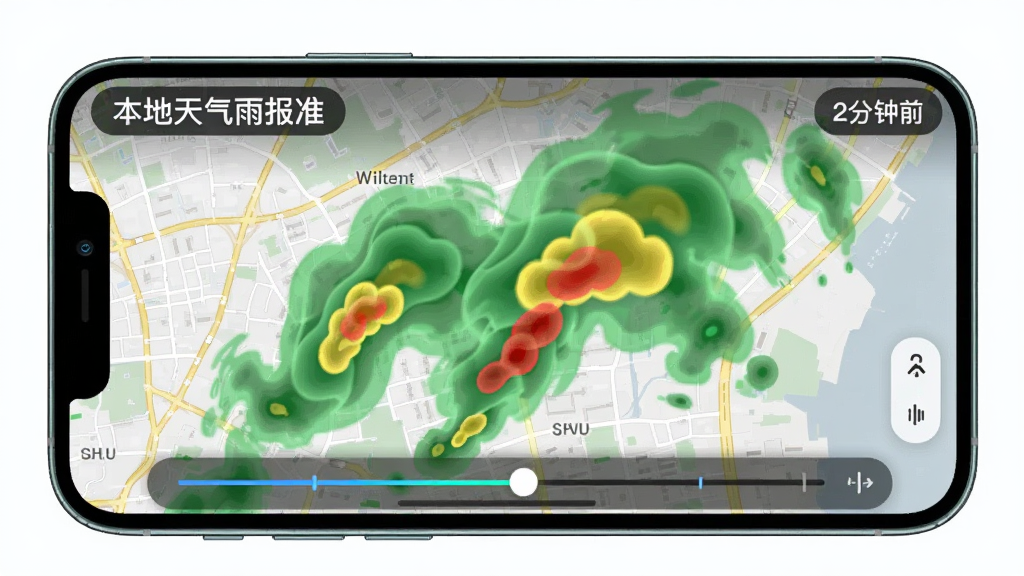 手机横屏展示“本地天气雨报准”的降雨雷达界面,背景为城市街道地图,上面覆盖着半透明的绿色、黄色和红色云团色块,色块边缘有流动的动画效果,右上角显示更新时间“2分钟前”,底部有一条时间轴滑块,整体界面科技感强,布局清晰,画质干净无多余元素。