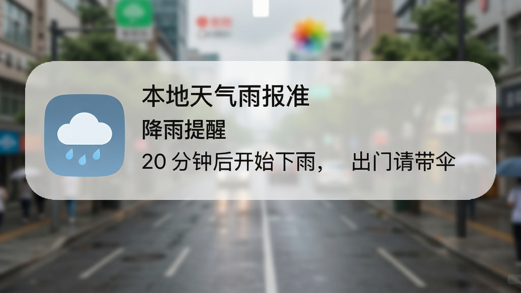 手机锁屏界面显示一条“本地天气雨报准”的推送通知,通知栏图标为云朵加雨滴样式,标题为“降雨提醒”,内容为“20分钟后开始下雨,出门请带伞”,背景是模糊的户外街景,整体风格真实自然,通知卡片圆润简洁,画质干净无多余元素。