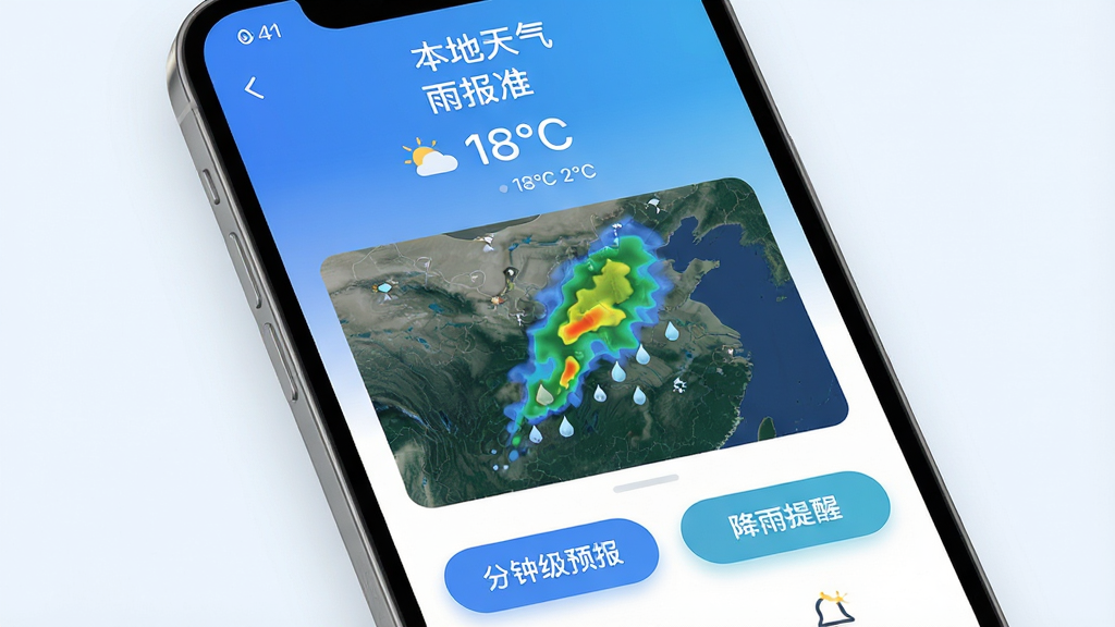 主体为一部智能手机屏幕特写,屏幕正中央显示“本地天气雨报准”应用界面,主色调为蓝白渐变,界面顶部显示当前城市名和温度,中间有动态降雨雷达地图,底部有“分钟级预报”和“降雨提醒”两个圆角按钮,整体布局简洁清爽,风格现代扁平,细节圆润,画质干净无多余元素。