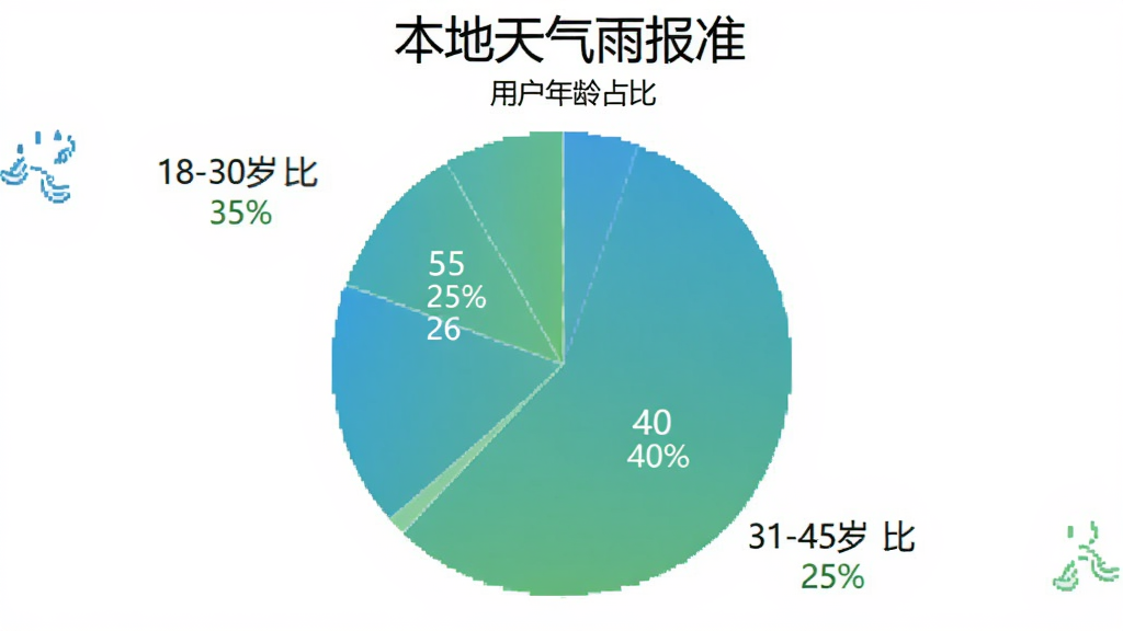 饼状图展示“本地天气雨报准”用户年龄占比,18-30岁占35%,31-45岁占40%,46-60岁占25%,颜色采用蓝绿渐变色,图片清晰简洁,标注数据百分比,风格扁平化,画质干净无多余元素。