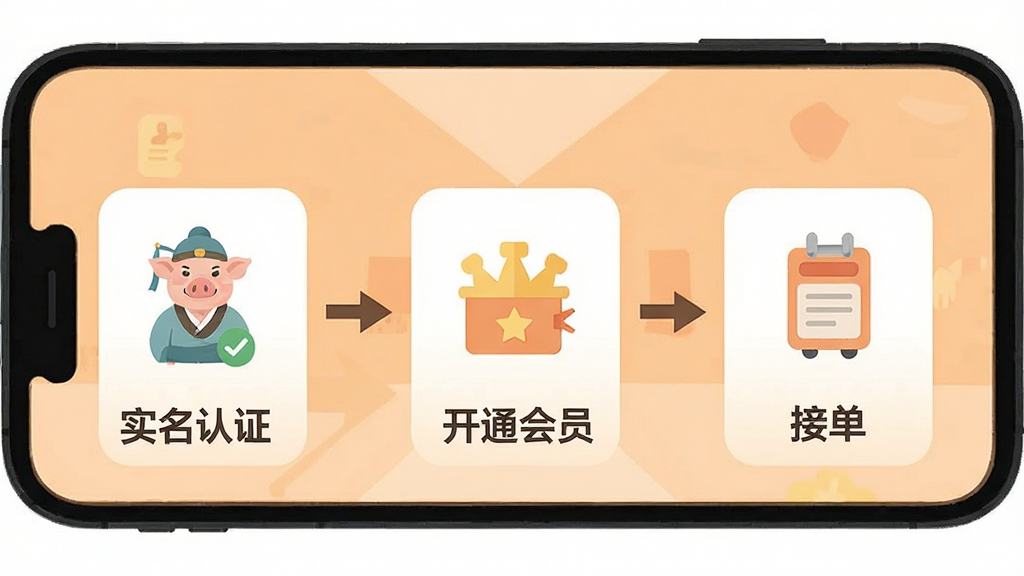 猪八戒软件使用教程配图,手机屏幕上显示“实名认证”、“开通会员”、“接单”三个步骤图标,背景为浅橙色,步骤之间用箭头连接,简洁清晰,扁平化插画风格,画质干净无多余元素