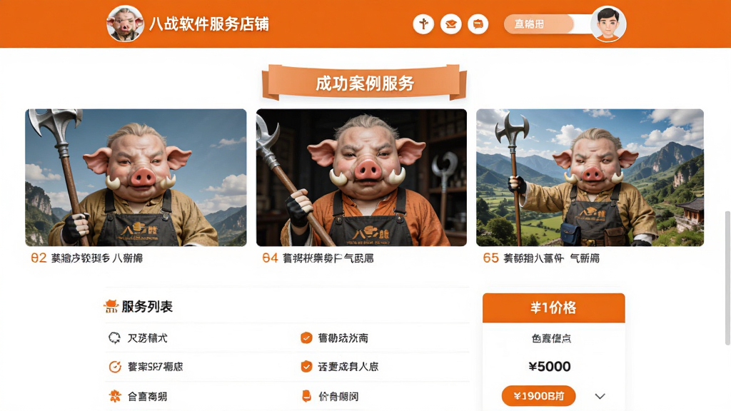 猪八戒软件的服务商店铺页面,顶部有店招和头像,中间展示成功案例图片,下方是服务列表和价格,布局类似电商详情页,橙色和白色搭配,扁平化设计,细节清晰,画质干净无多余元素