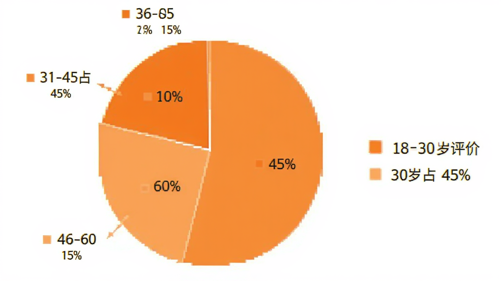 用户评价饼状图,展示18-30岁占45%,31-45岁占40%,46-60岁占15%,用橙色系区分,图例清晰,背景白色,标注百分比,简洁商务风格,画质干净无多余元素