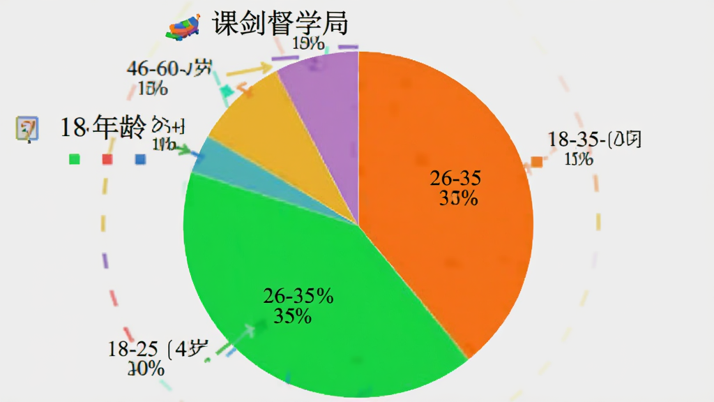 一张饼状图,展示“课剑督学局”用户年龄分布,18-25岁占40%,26-35岁占35%,36-45岁占15%,46-60岁占10%,图表色彩鲜艳,标签清晰,背景为浅灰色,画质干净。
