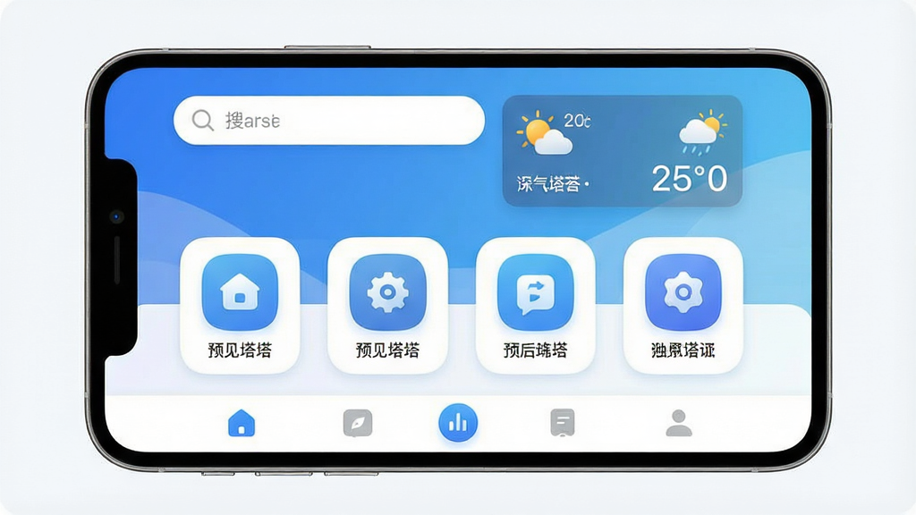 一张展示“预见塔塔”手机应用的主界面截图,整体风格简洁现代,以蓝白渐变为主色调,界面布局清晰,顶部有搜索栏和天气卡片,中间是几个圆角功能图标,底部为导航栏,画质干净无多余元素,文字标注“预见塔塔”