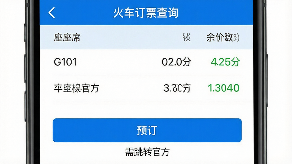 ���壺�ֻ�����չʾ���𳵶�Ʊ��ѯ����Ʊ������ҳ���б���ʾG101���г�������ϯ��Ʊ������Ʊ�������֣�������ʽ��������֮����ǳɫ�ָ��ߡ��Ű棺��ϯ������࣬Ʊ���Ҳ࣬��Ʊ������ɫ������ʾ����񣺼�����磬������ɫ�����������ɶ���ϸ�ڣ������·��С�Ԥ������ť������ע������ת�ٷ��������ʣ����壬�ɾ����޶���Ԫ�ء�