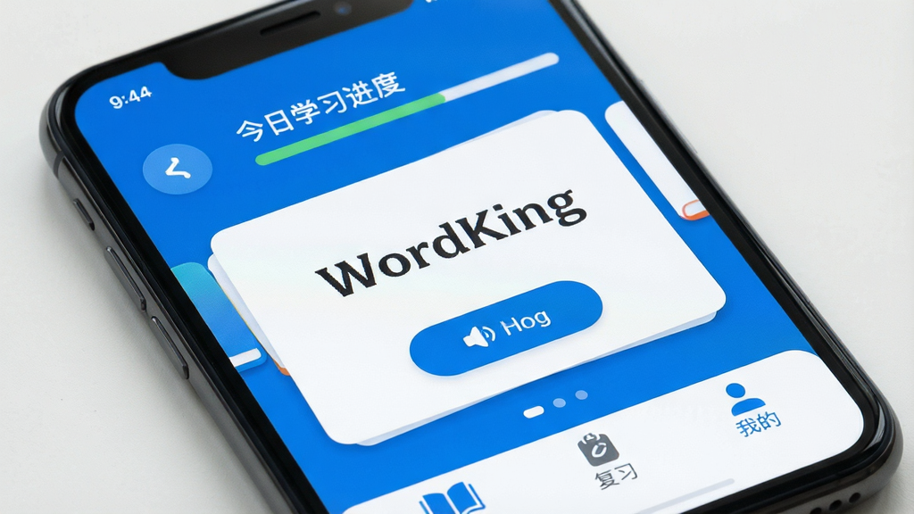 һ�������ֻ���Ļ��д����Ļ������ʾ��WordKing��Ӧ�������棬������Ƽ���ִ���������Ϊ��ɫ����������ʾ����ѧϰ���ȣ��м��ǵ��ʿ�Ƭ�ͷ�����ť���ײ��ǡ�ѧϰ��������ϰ�������ҵġ�����ѡ����������ƽ����ϸ��Բ�󣬻��ʸɾ��޶���Ԫ�أ�ͻ��Ӧ�����ơ�WordKing����
