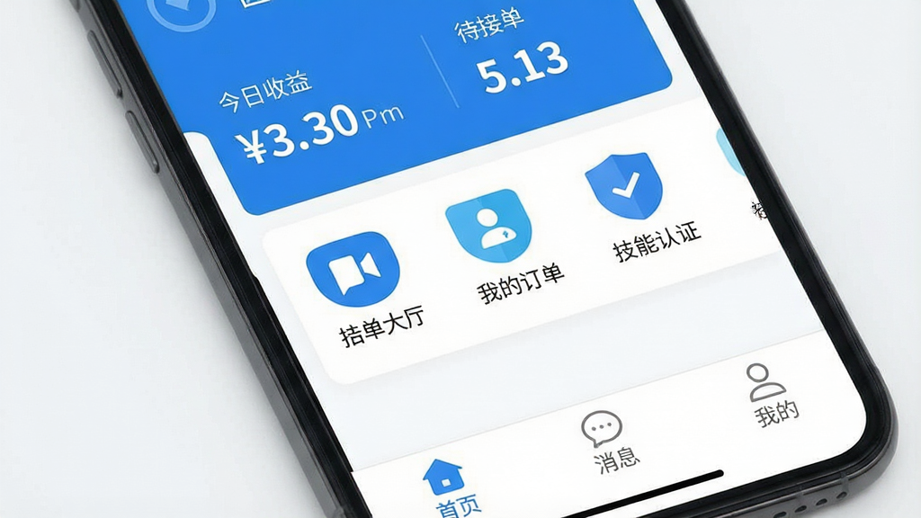 一张智能手机屏幕特写,屏幕中清晰显示“匠多多师傅版”APP的主界面,界面风格简洁现代,以蓝白为主色调,顶部显示“今日收益”和“待接单”数字,中间是横向排列的功能图标如“抢单大厅”、“我的订单”、“技能认证”,底部导航栏为“首页”、“消息”、“我的”。整体布局清晰,UI设计扁平化,画质干净,无多余元素,突出专业接单软件的氛围。