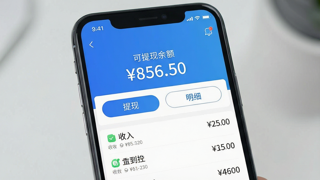 一张手机APP钱包界面的截图,屏幕中央显示“可提现余额”为“856.50”,下方有“提现”和“明细”两个按钮,交易记录列表清晰显示每笔收入和支出,界面设计简洁,以蓝色和白色为主,数字清晰,画质干净,体现出资金安全透明的特点。