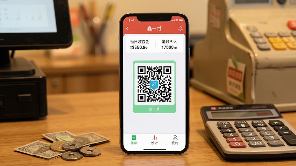 һ��չʾ�����ֻ���Ļ��ͼƬ����Ļ����ʾ����һ����App�������棬�����е����տ���ͱ������м�����Ŀ���տ��ά�룬�ײ����˵���ͳ�ơ��ҵ�����ѡ����ֻ��Ա߷�����Ǯ�ͼ���������������ܰ��С������̨�����дʵ�����ʸɾ����޶���Ԫ��