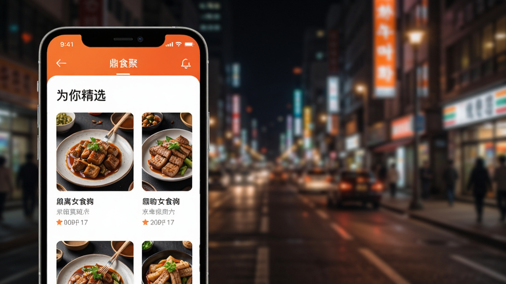 ��ʳ��App�������Ƽ�����չʾͼ���ֻ���Ļ����ʾ��Ϊ�㾫ѡ����飬�������������Ƭ��ÿ�ſ�Ƭ�в�Ʒͼ�;�����Ϣ��������ģ���ĳ��нֵ�ҹ�����������ִ�����ɫ��׺�����ʸɾ�