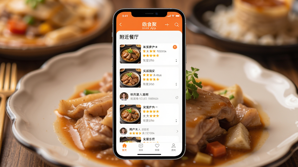 һ��չʾ��ʳ��App���Ľ���ĸ����ͼ���ֻ���Ļ������ʾ�������Ų����б����û���ʵ���ۣ�������ůɫ������ʳ��ӰͼƬ�����������ִ����Գ�ɫ�Ͱ�ɫΪ��ɫ�����������������ʸɾ��޶���Ԫ��