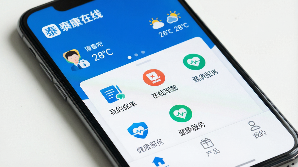 һ�������ֻ���Ļ��д����Ļ��������ʾ��̩�����ߡ�APP����ҳ���棬��������ɫ�Ͱ�ɫΪ��ɫ���������С�̩�����ߡ�Ʒ��logo��������Ϣ���м��ǡ��ҵı����������������⡱�����������񡱵Ⱥ��Ĺ���ͼ�꣬�ײ��С���ҳ��������Ʒ�������ҵġ�����ѡ����������ִ���࣬���ʸɾ����޶���Ԫ�ء�