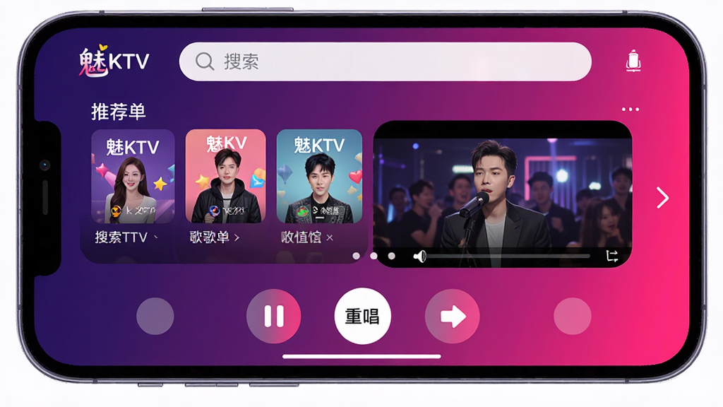 һ��չʾ�ֻ�����K�����ĸ���ͼƬ������Ϊ����KTV��APP�ĳ��������棬�������������ϵ����������������Ƽ��赥���桢��ǰ���ŵ�MV��Ƶ�������ײ�Ϊ��ͣ���س������ֵ�Բ�ο��ư�ť������ִ���ƽ��ɫ��������ɫ������ɫ����Ϊ����ϸ��Բ�󣬻��ʸɾ��޶���Ԫ�ء�