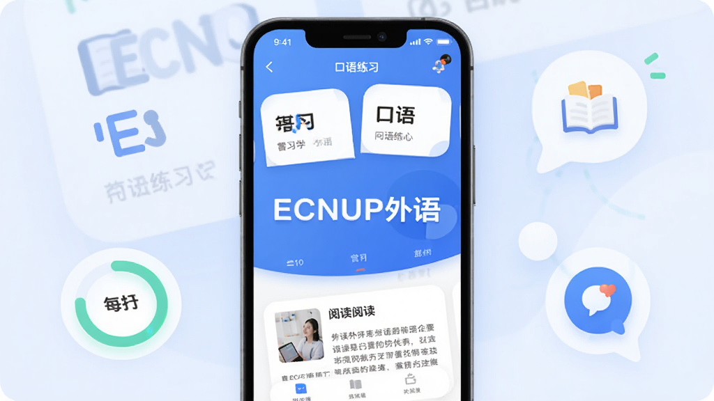 ���Ӿ�ͼ��չʾ��ECNUP���App���ֻ��ϵ�ѧϰ���棬����������Ϊ��ɫ�����������ʿ�Ƭ��������ϰ���Ķ����µ�ģ�飬��Ļ������ʾ��ECNUP�����������Χ��ѧϰ���Ȼ���ÿ�մ�ͼ�꣬�������ִ���ƽ��ϸ��Բ�󣬻��ʸɾ��޶���Ԫ�ء�
