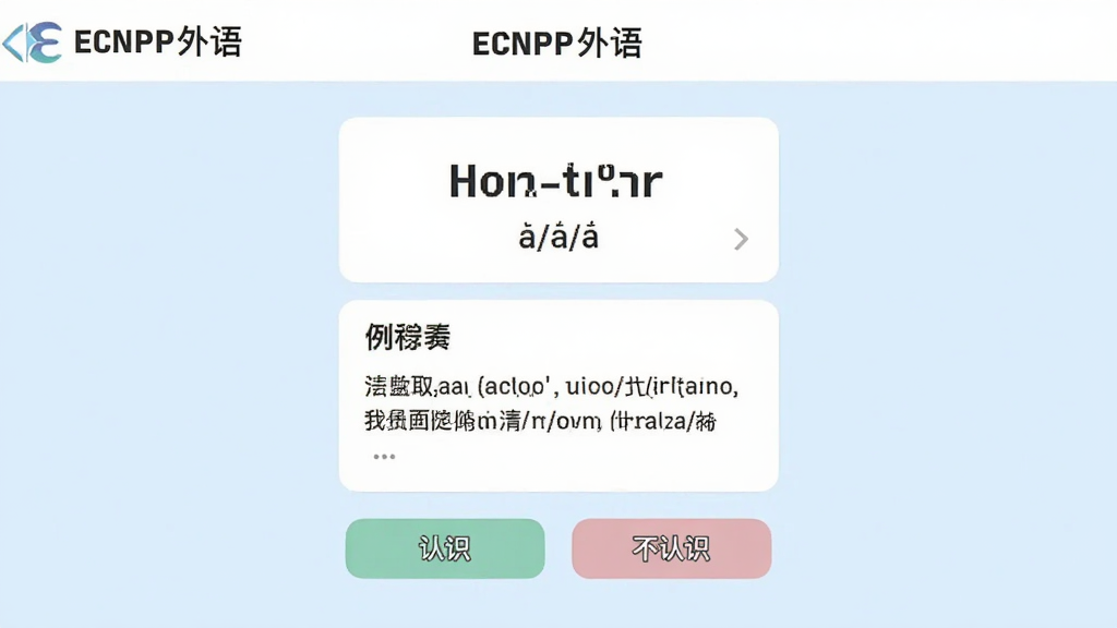չʾ��ECNUP������ʸ�ϰ���棬ҳ��������һ�ŵ��ʿ�Ƭ��������ʾӢ�ĵ��ʺ����꣬������������������䣬��Ƭ�·��С���ʶ���͡�����ʶ��������ť������Ϊ����ɫ�������࣬���ʸɾ��޶���Ԫ�ء�