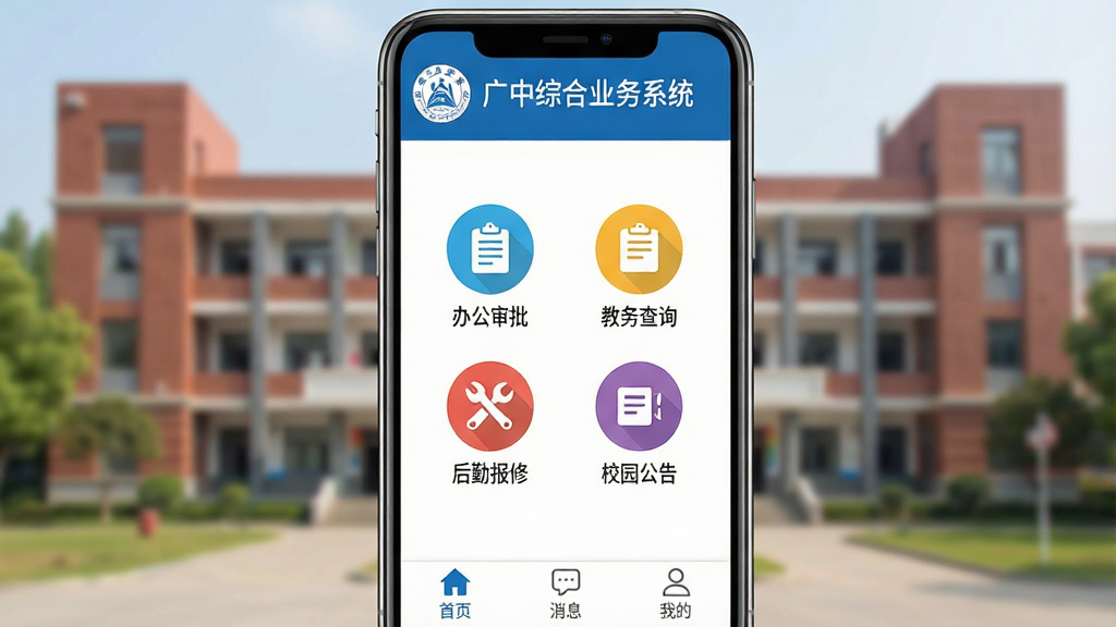 һ�������ֻ���Ļ����д����Ļ����������ʾ�������ۺ�ҵ��ϵͳ���������棬����������Ϊ��ɫ����������ʾУ�պͻ�ӭ��м������š��칫���������������ѯ���������ڱ��ޡ�����У԰���桱�ĸ���ɫԲ��ͼ�꣬�ײ��С���ҳ��������Ϣ�������ҵġ�����ѡ���������ģ����У԰��ѧ¥���������ƽ�������ʸɾ����޶���Ԫ�ء�