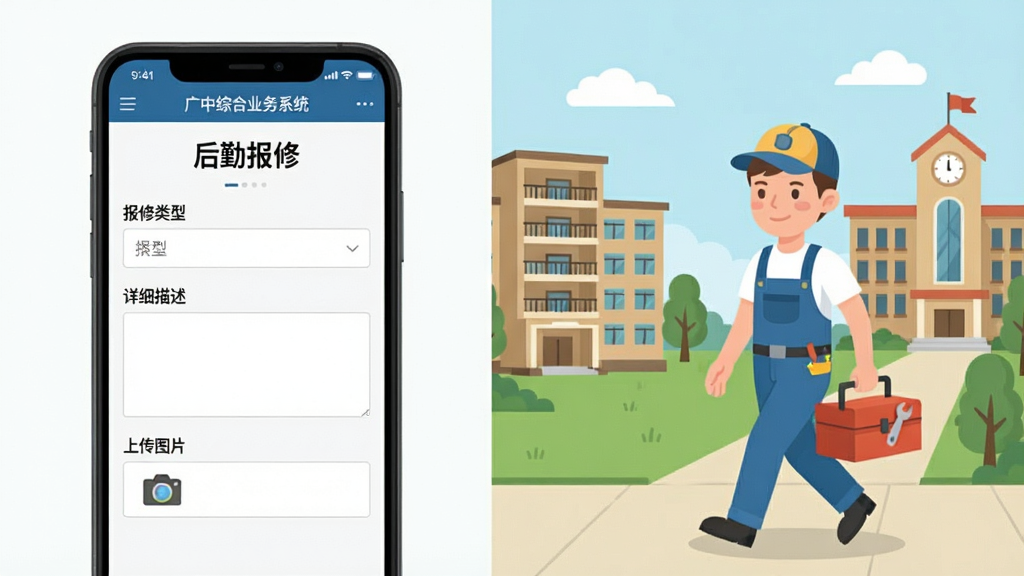 һ�����ı�������ʾ��ͼ��������ֻ����棬��ʾ�������ۺ�ҵ��ϵͳ���ġ����ڱ��ޡ�ҳ�棬�С��������͡�������ϸ�����������ϴ�ͼƬ�����ֶΣ��Ҳ���ά�޹��˴��Ź�������У԰�����ߵĿ�ͨ���󣬱���������¥�ͽ�ѧ¥��������£���ƽ�������ʸɾ����޶���Ԫ�ء�