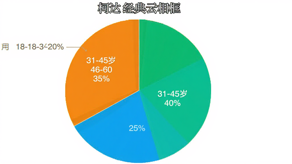 一个饼状图,显示“柯达经典云相框”用户年龄分布,18-30岁占25%,31-45岁占40%,46-60岁占35%,色彩明亮,图表清晰,背景简洁,画质干净,无多余元素。